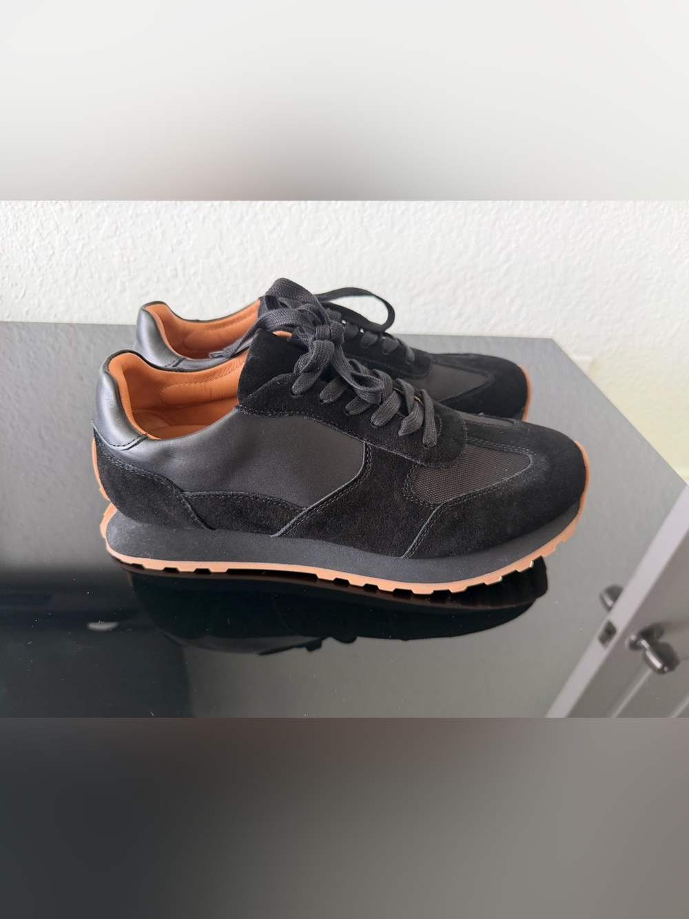 Quince Black Suede & Leather Sneakers with Tan Accents